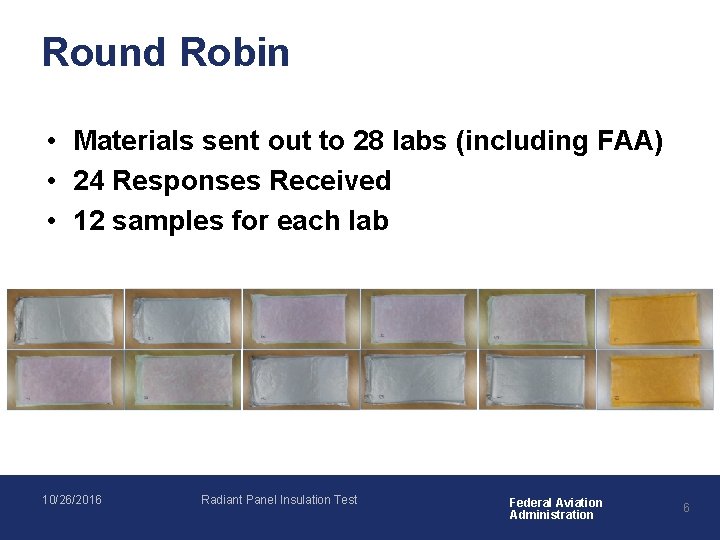 Round Robin • Materials sent out to 28 labs (including FAA) • 24 Responses
