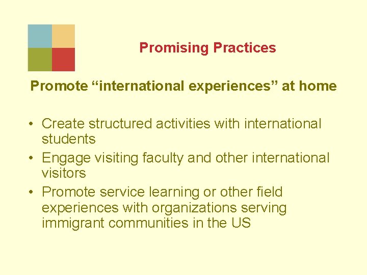 Promising Practices Promote “international experiences” at home • Create structured activities with international students