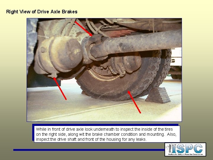 Right View of Drive Axle Brakes While in front of drive axle look underneath