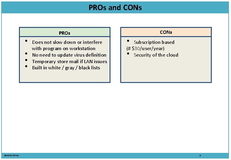 PROs and CONs • • Random Driver PROs Does not slow down or interfere