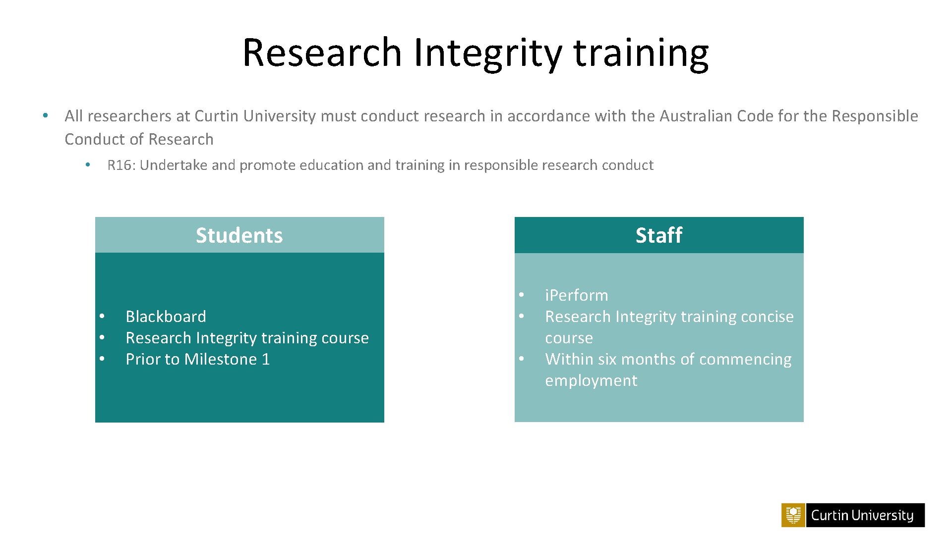 Research Integrity training • All researchers at Curtin University must conduct research in accordance
