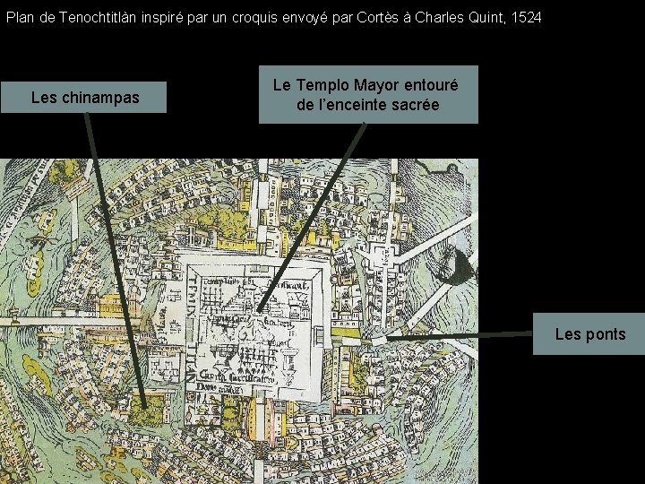 Plan de Tenochtitlàn inspiré par un croquis envoyé par Cortès à Charles Quint, 1524