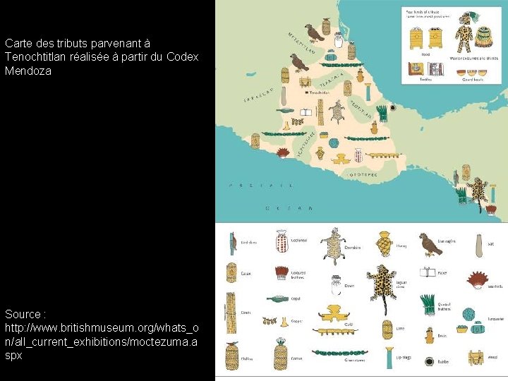 Carte des tributs parvenant à Tenochtitlan réalisée à partir du Codex Mendoza Source :