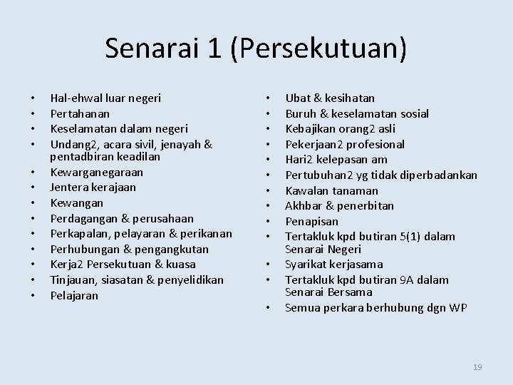 Senarai 1 (Persekutuan) • • • • Hal-ehwal luar negeri Pertahanan Keselamatan dalam negeri