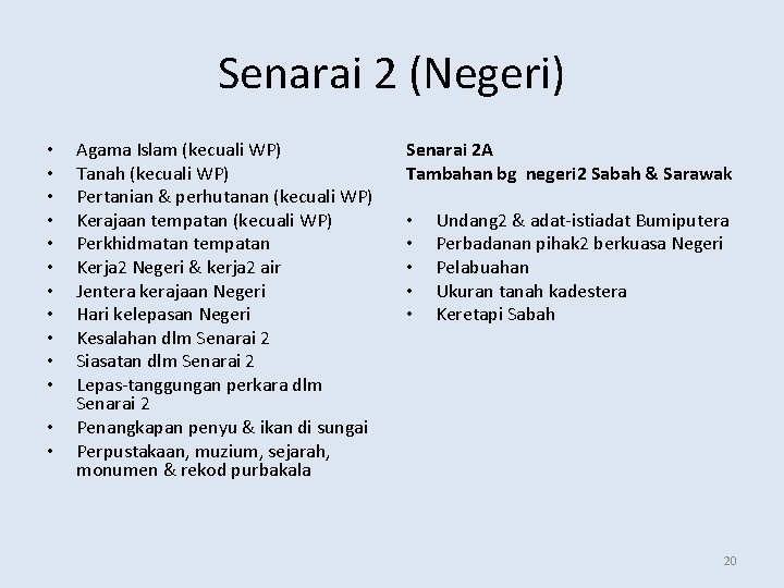 Senarai 2 (Negeri) • • • • Agama Islam (kecuali WP) Tanah (kecuali WP)