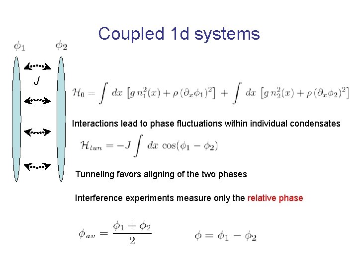 Coupled 1 d systems J Interactions lead to phase fluctuations within individual condensates Tunneling