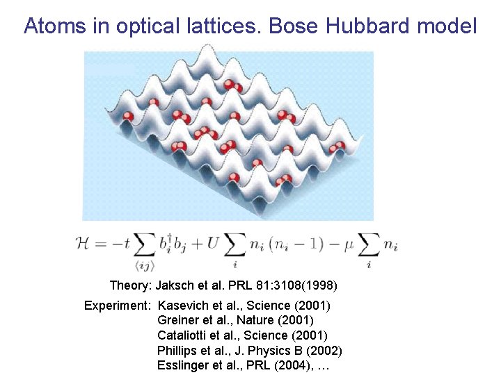 Atoms in optical lattices. Bose Hubbard model Theory: Jaksch et al. PRL 81: 3108(1998)