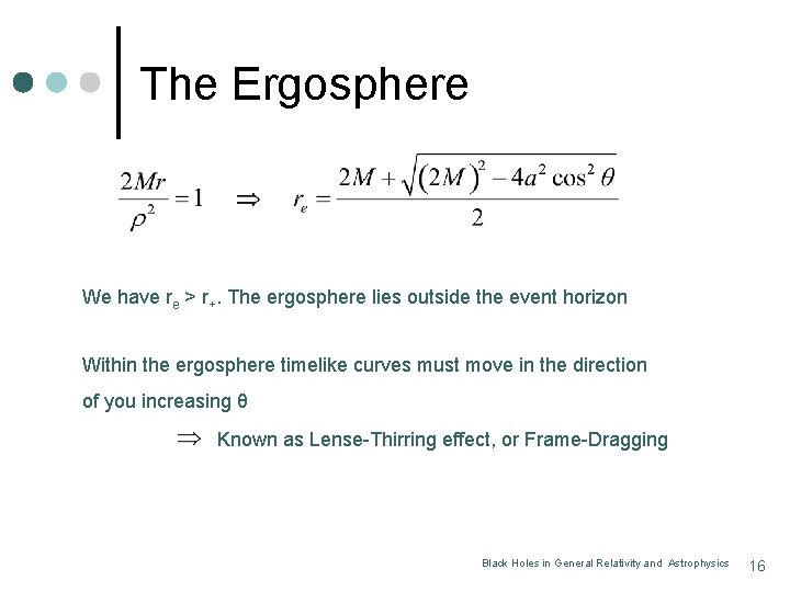 The Ergosphere We have re > r+. The ergosphere lies outside the event horizon