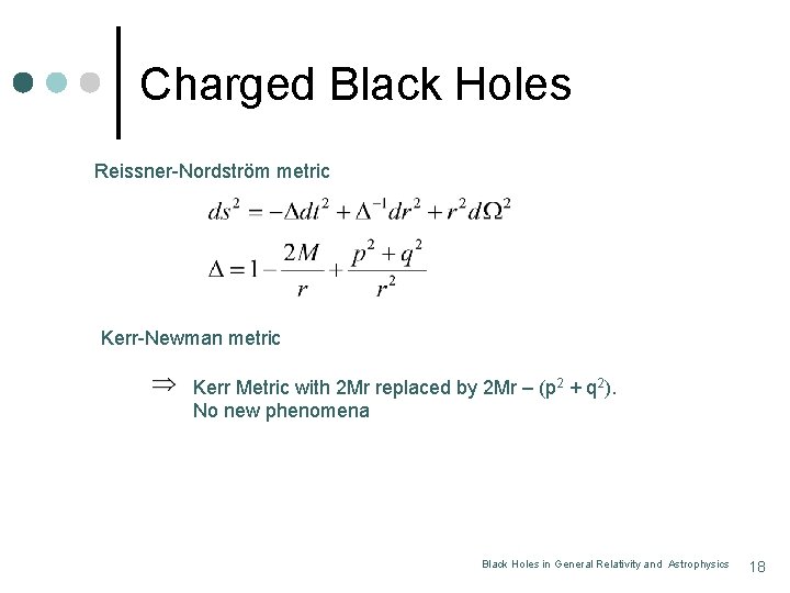 Charged Black Holes Reissner-Nordström metric Kerr-Newman metric Kerr Metric with 2 Mr replaced by