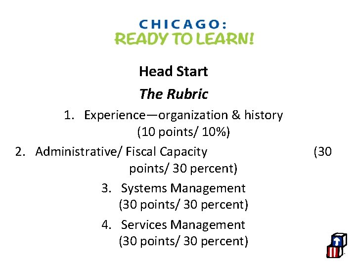 Head Start The Rubric 1. Experience—organization & history (10 points/ 10%) 2. Administrative/ Fiscal