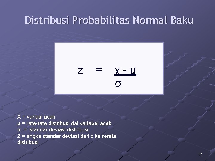 Distribusi Probabilitas Normal Baku z = χ-µ σ X = variasi acak µ =