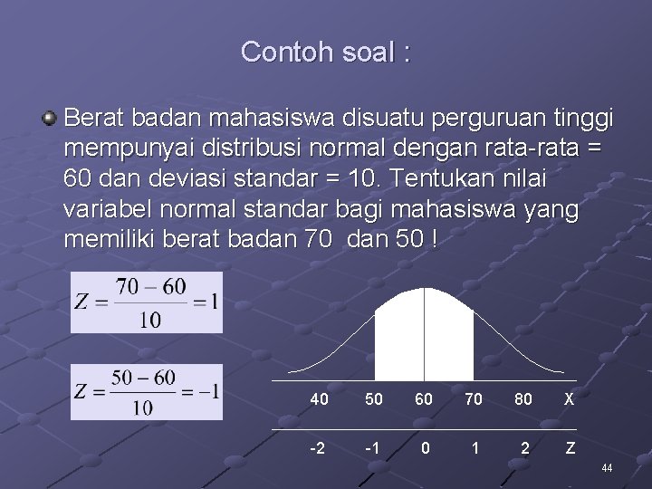 Contoh soal : Berat badan mahasiswa disuatu perguruan tinggi mempunyai distribusi normal dengan rata-rata