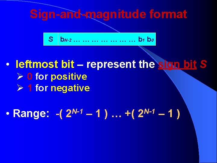 Sign-and-magnitude format S b. N-2 … … … … b 1 b 0 •