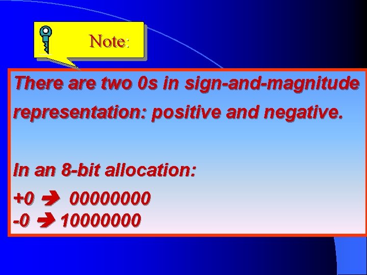 Note: There are two 0 s in sign-and-magnitude representation: positive and negative. In an