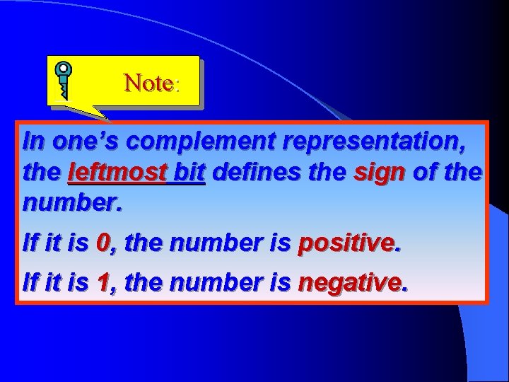 Note: In one’s complement representation, the leftmost bit defines the sign of the number.