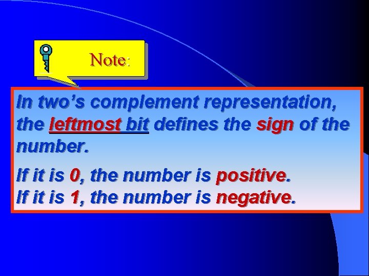 Note: In two’s complement representation, the leftmost bit defines the sign of the number.