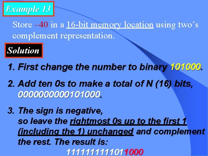 Example 13 Store – 40 in a 16 -bit memory location using two’s complement