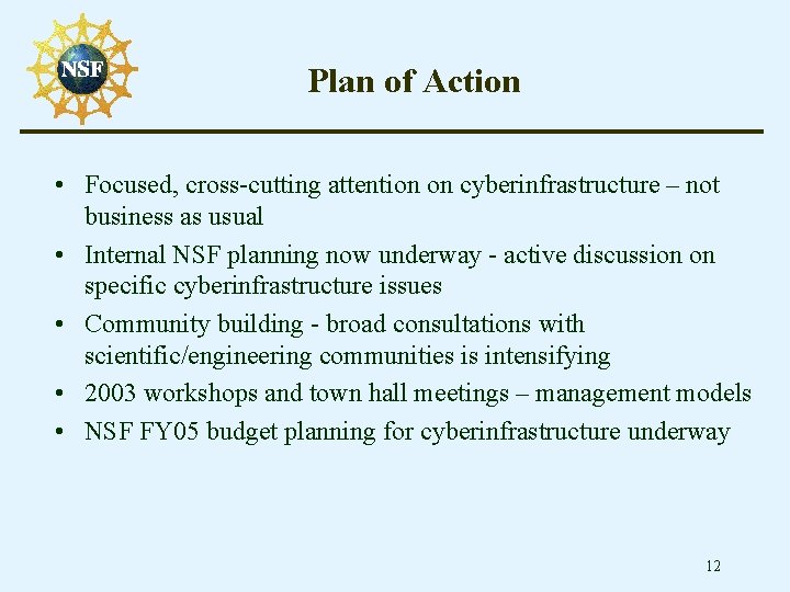 Plan of Action • Focused, cross-cutting attention on cyberinfrastructure – not business as usual