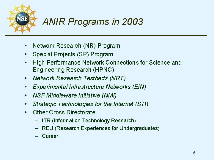 ANIR Programs in 2003 • Network Research (NR) Program • Special Projects (SP) Program