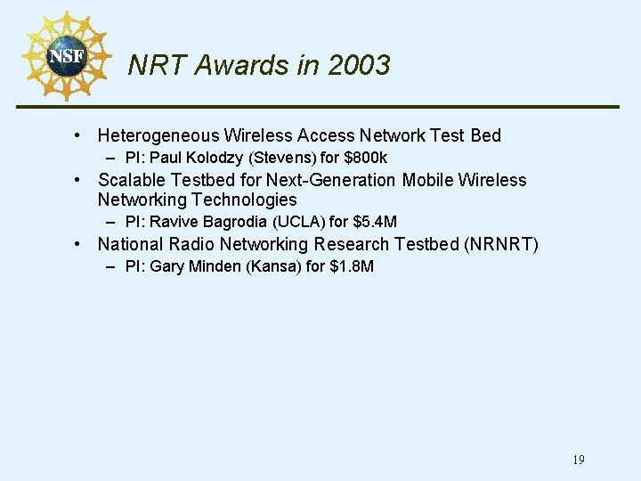 NRT Awards in 2003 • Heterogeneous Wireless Access Network Test Bed – PI: Paul