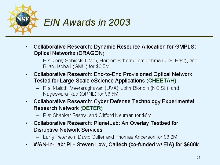 EIN Awards in 2003 • Collaborative Research: Dynamic Resource Allocation for GMPLS: Optical Networks