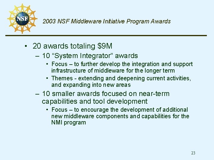 2003 NSF Middleware Initiative Program Awards • 20 awards totaling $9 M – 10