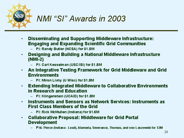 NMI “SI” Awards in 2003 • Disseminating and Supporting Middleware Infrastructure: Engaging and Expanding