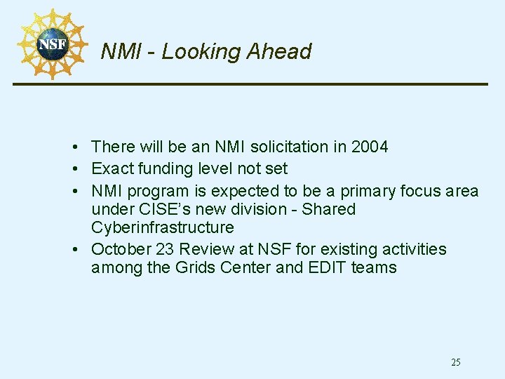 NMI - Looking Ahead • There will be an NMI solicitation in 2004 •