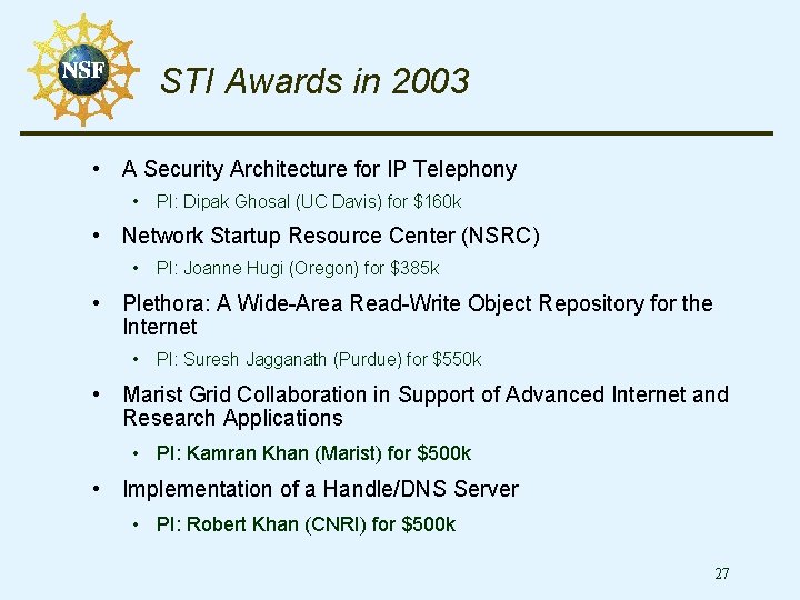 STI Awards in 2003 • A Security Architecture for IP Telephony • PI: Dipak