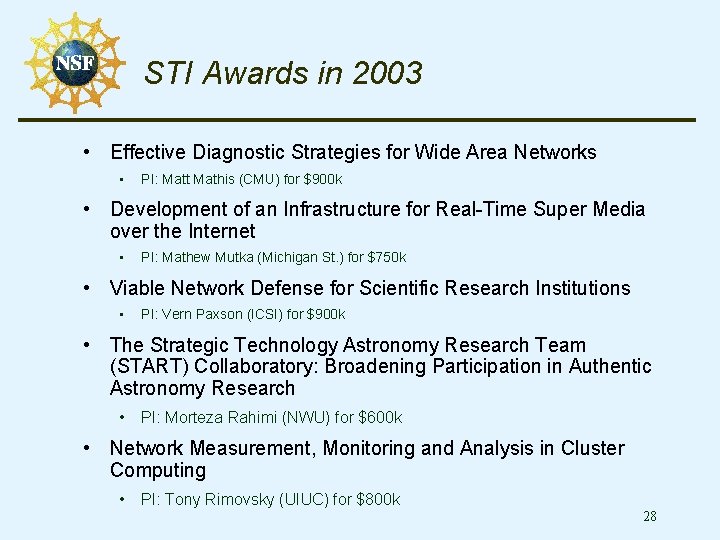 STI Awards in 2003 • Effective Diagnostic Strategies for Wide Area Networks • PI: