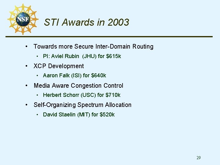 STI Awards in 2003 • Towards more Secure Inter-Domain Routing • PI: Aviel Rubin