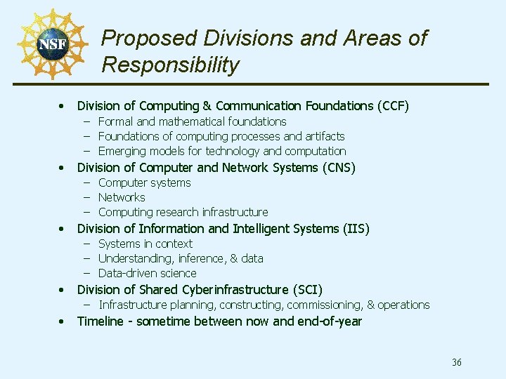 Proposed Divisions and Areas of Responsibility • Division of Computing & Communication Foundations (CCF)