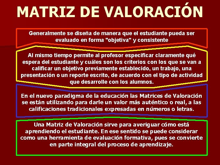 MATRIZ DE VALORACIÓN Generalmente se diseña de manera que el estudiante pueda ser evaluado