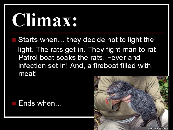 Climax: n Starts when… they decide not to light the light. The rats get