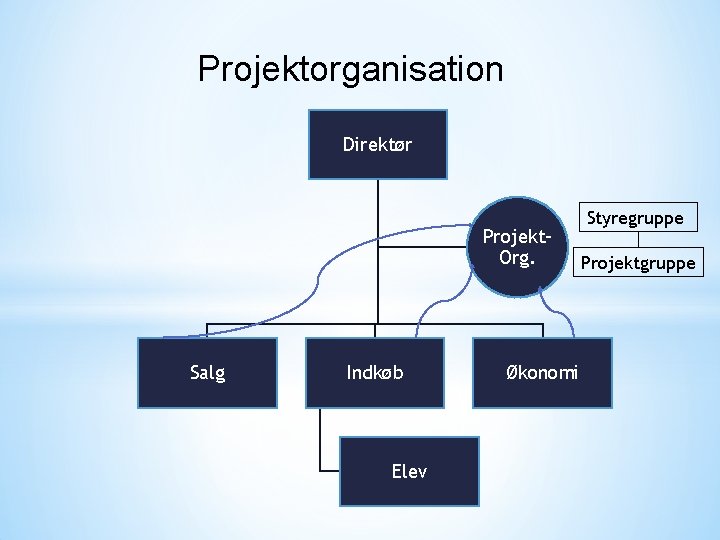 Projektorganisation Direktør Projekt. Org. Salg Indkøb Elev Økonomi Styregruppe Projektgruppe 