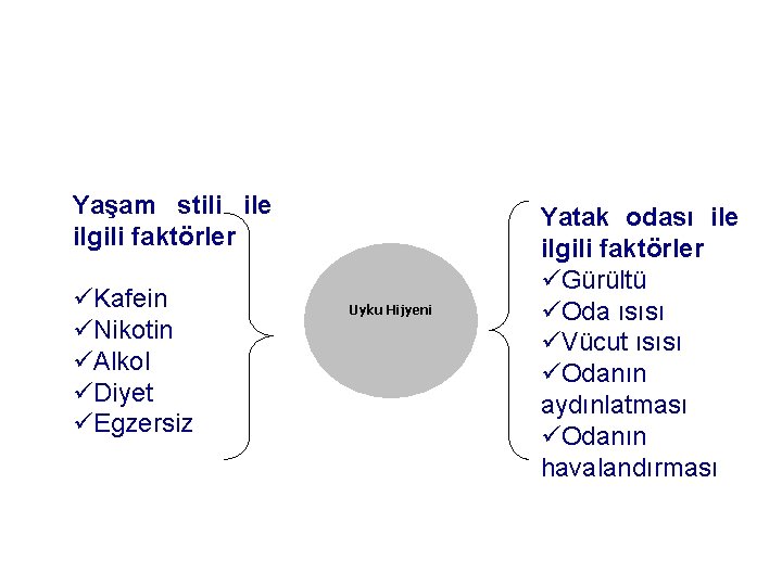 Yaşam stili ile ilgili faktörler Kafein Nikotin Alkol Diyet Egzersiz Uyku Hijyeni Yatak odası