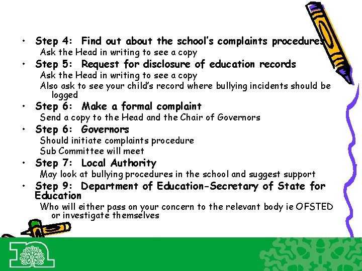 • Step 4: Find out about the school’s complaints procedures Ask the Head