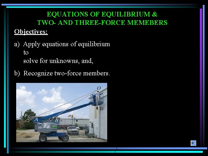 EQUATIONS OF EQUILIBRIUM & TWO- AND THREE-FORCE MEMEBERS Objectives: a) Apply equations of equilibrium