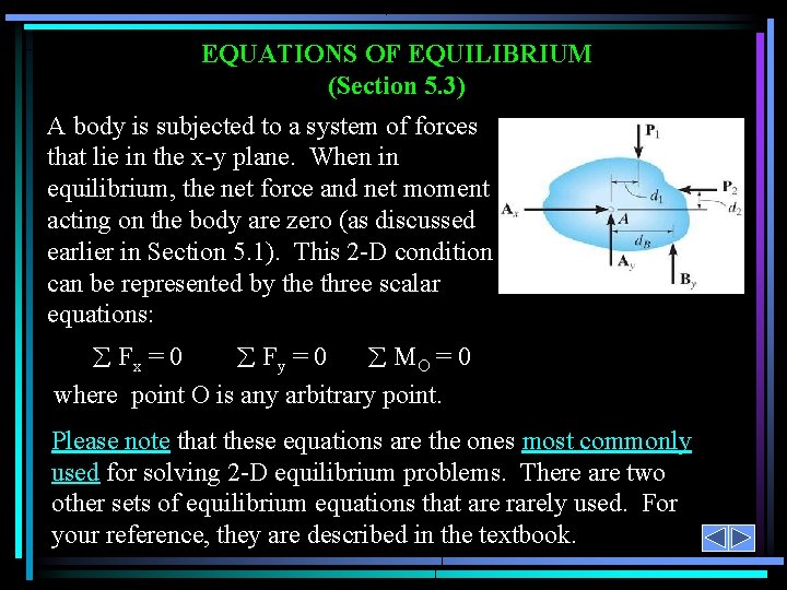 EQUATIONS OF EQUILIBRIUM (Section 5. 3) A body is subjected to a system of