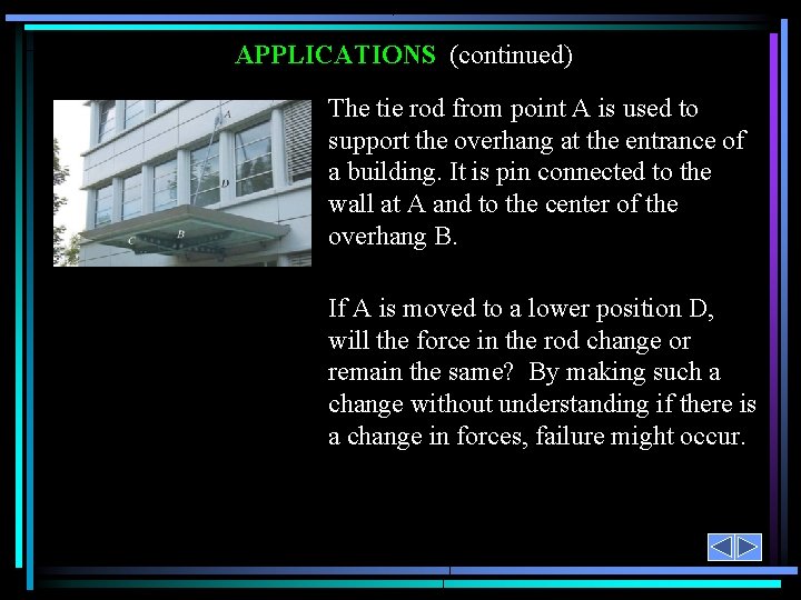 APPLICATIONS (continued) The tie rod from point A is used to support the overhang