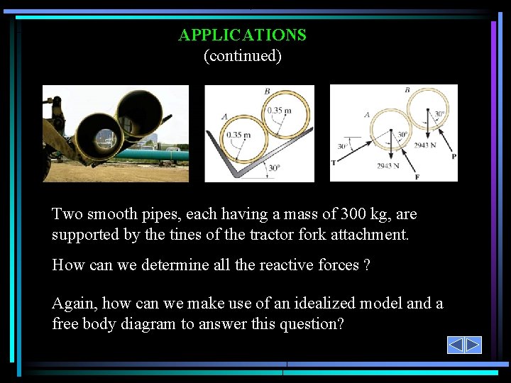 APPLICATIONS (continued) Two smooth pipes, each having a mass of 300 kg, are supported