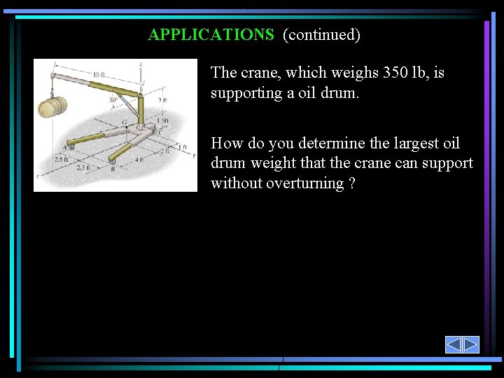 APPLICATIONS (continued) The crane, which weighs 350 lb, is supporting a oil drum. How