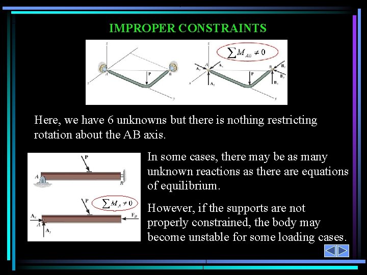 IMPROPER CONSTRAINTS Here, we have 6 unknowns but there is nothing restricting rotation about