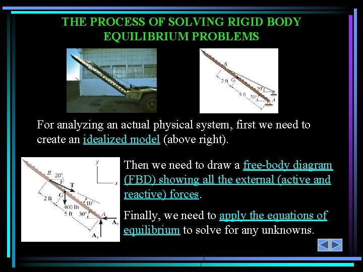 THE PROCESS OF SOLVING RIGID BODY EQUILIBRIUM PROBLEMS For analyzing an actual physical system,