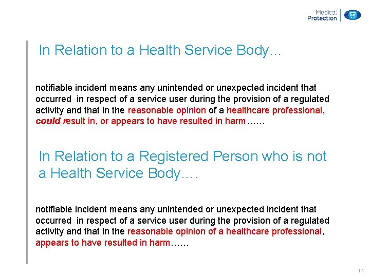 In Relation to a Health Service Body… notifiable incident means any unintended or unexpected