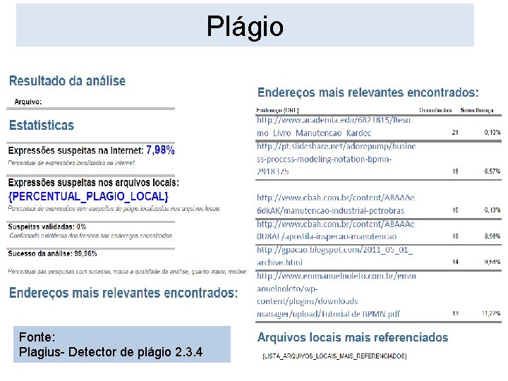 Plágio Fonte: Plagius- Detector de plágio 2. 3. 4 