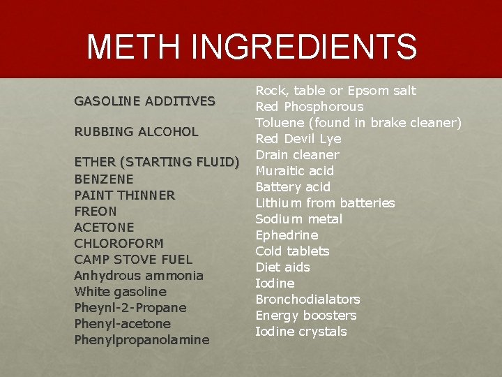 METH INGREDIENTS GASOLINE ADDITIVES RUBBING ALCOHOL ETHER (STARTING FLUID) BENZENE PAINT THINNER FREON ACETONE