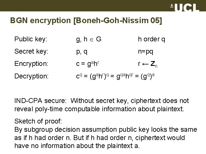 BGN encryption [Boneh-Goh-Nissim 05] Public key: g, h G h order q Secret key: