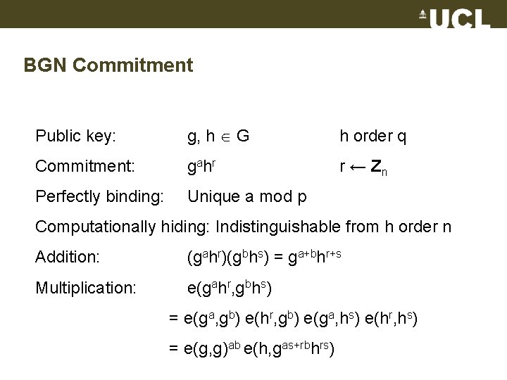 BGN Commitment Public key: g, h G h order q Commitment: g ah r