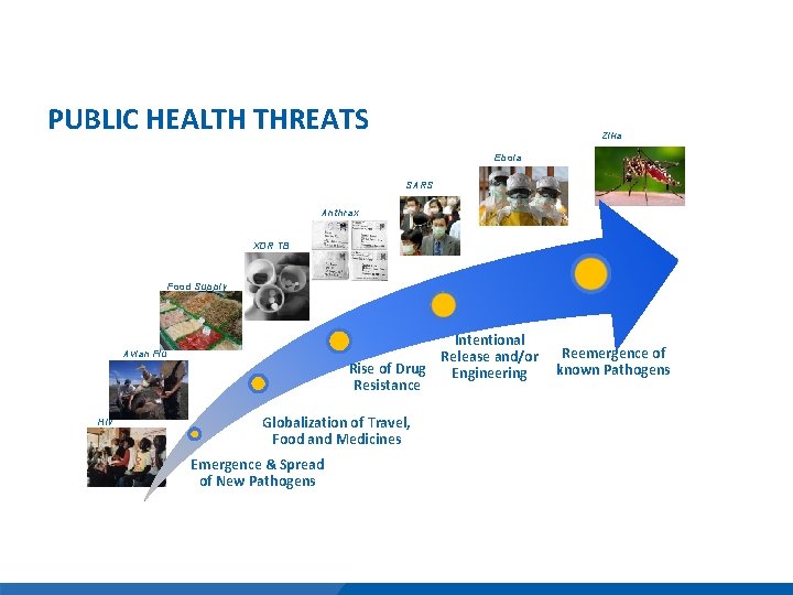 PUBLIC HEALTH THREATS Zika Ebola SARS Anthrax XDR TB Food Supply Intentional Release and/or